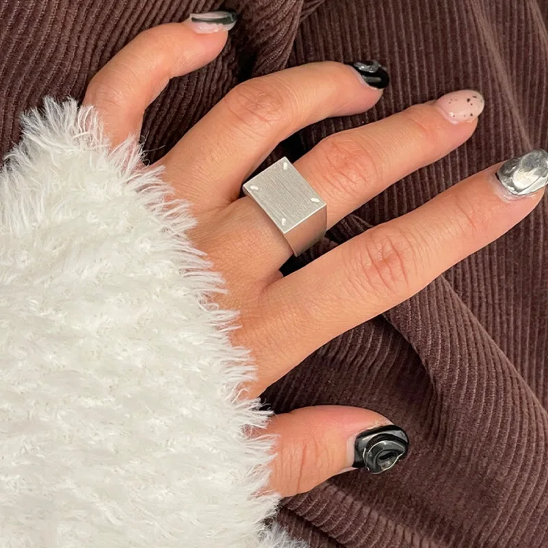 QMCOCO Minimalist Silver Color Square Wide Ring Fashion Elegant Charm Couples Matte Texture Party Jewelry Gift For Woman Man