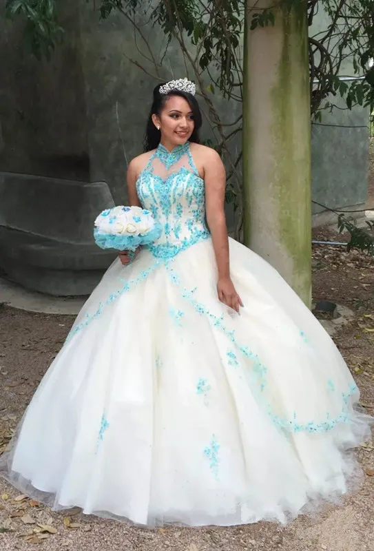 Nieuwe Prinses Quinceanera Jurken 2020 High Neck Blue Applicaties Baljurk Tulle Plus Size Zoete 15 Meisjes Prom Party Gown goedkope