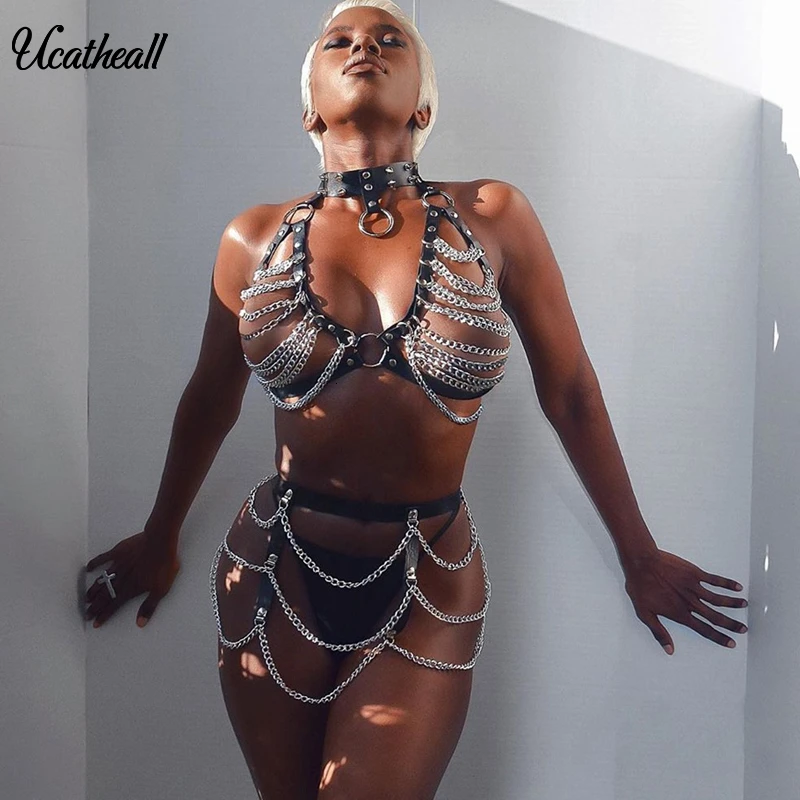 

PU Leather Two Piece Set Crop Top +skirt Halter Rivet Neck Sexy 2 Piece Set Buckle Waist Chain Clubwear Tassle 2 Piece Suit