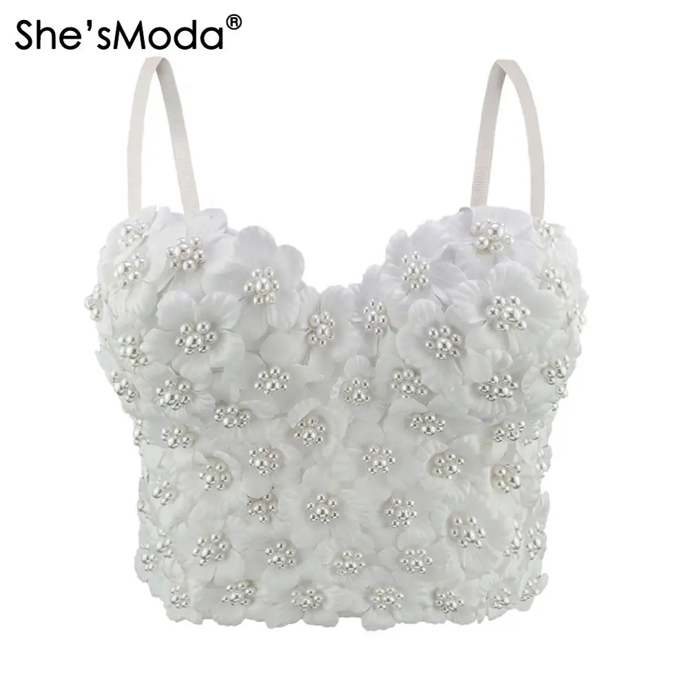 

She'sModa 2020 Applique Floral Pearls Bustier Push Up Night Club Bralette Women's Bra Cropped Top Vest Corset Plus Size