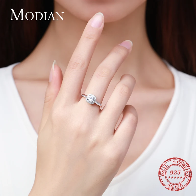 Modian Genuine 925 Sterling Silver Round Clear Cubic Zirconia Engagement Rings For Women Wedding Promise Statement Jewelry Gift