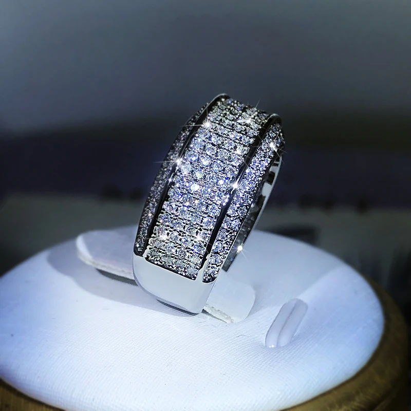 Luksusowy wykwintny biały cyrkon pełny diamentowy pierścionek dla pań para 925 Sterling Silver Fashion Ring Party biżuteria na urodziny prezent