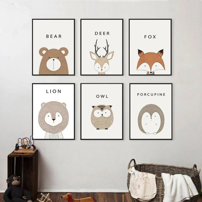 WTQ Cartoon Animal Fox Bear Nursery Toddler Canvas Paintings Wall Art Poster and Prints Birthday Gift Pictures Baby Room Decor