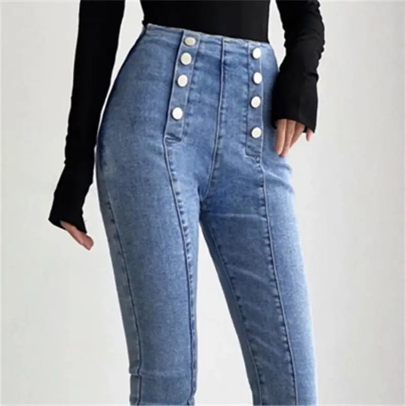 Skinny Double-breasted Four Buttons High Waist Pencil Jeans Women Slim Fit Stretch Denim Pants Full Length Denim Tight Trousers