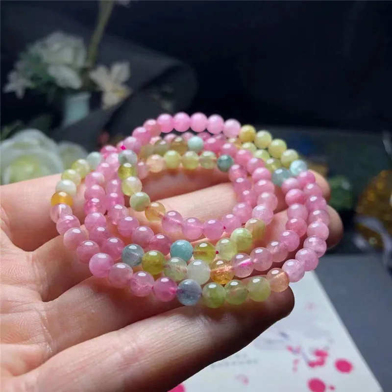 

Natural pink Tourmaline Rainbow Quartz Bracelet Round Beads Women Fashion gifts