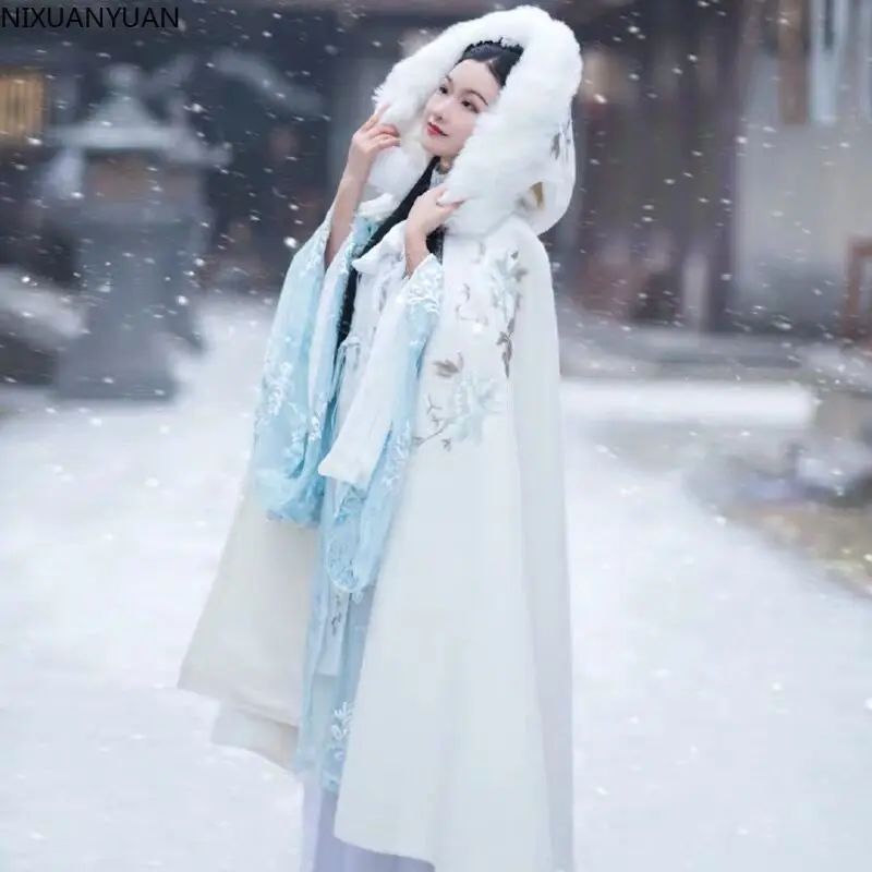 Wholesale Warm Faux Fur Trim Winter Bridal Cape Stunning Wedding Cloaks Hooded Long Party Wraps Jacket White Wrap