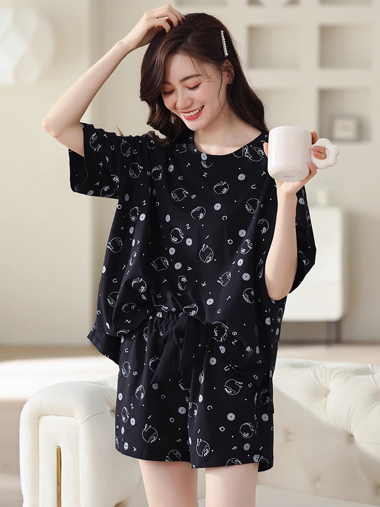 

Black Cotton Short Pajamas Women Round Neck Sleepwear Summer Print Pijama Bedroom Shorts Set Cotton Pyjamas Femme Home Clothes