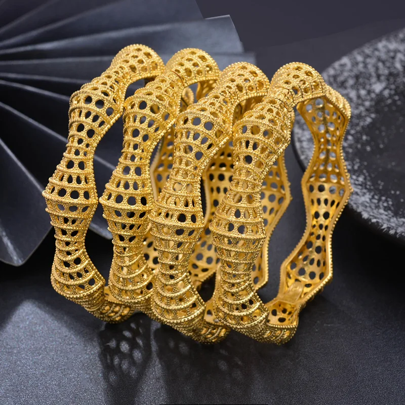 

4pcs/lot Gold colour Bangles For Women/Girl Middle Eastern Jewelry Classic Curved waves Copper Bracelets Jewelry Gifts