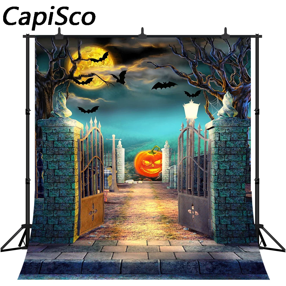 Capisco Halloween Photography Backdrop Cemetery Iron Gate Background for Party Supplies Terror Trees Pumpkin Photo Studio Props
