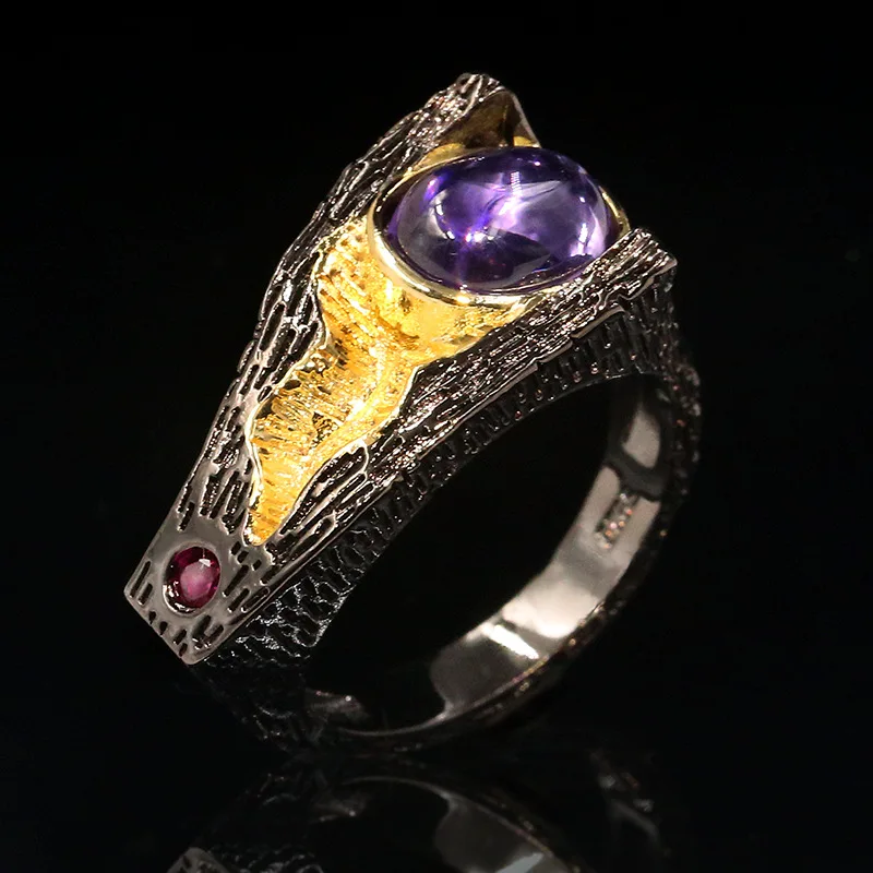 Vintage Chinese Style Lotus Leaf Series Natural Amethyst Lucky Closed Design Ring For Women Wedding Party Engagement Ring