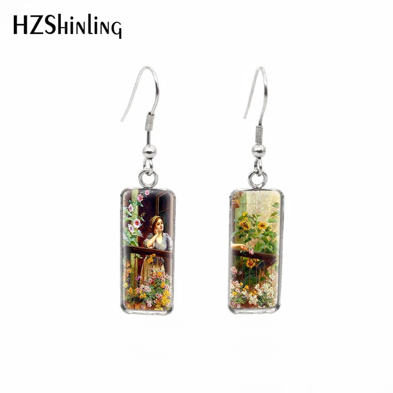 2020 New The Balcony Flowers Earring Mediterranean Oil Painting Rectangular Hook Earrings Glass Dome Jewelry Handmade