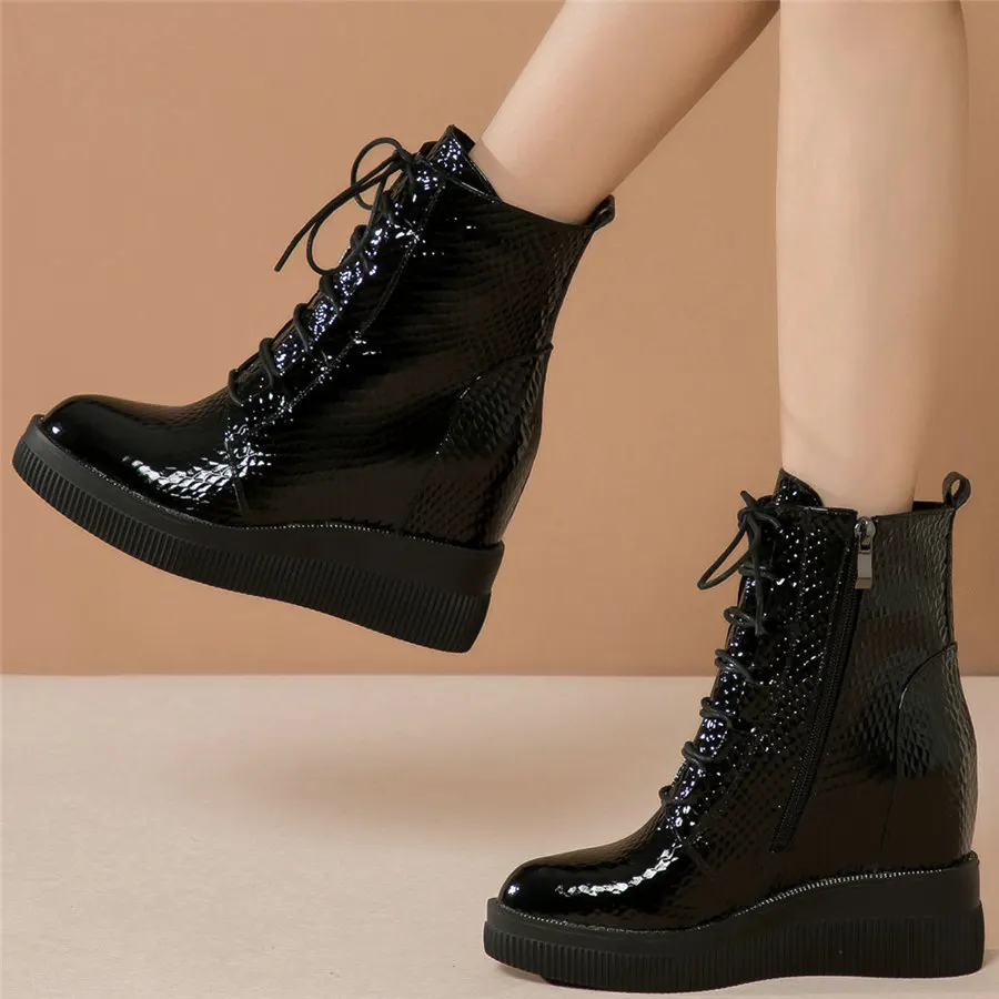 

Lace Up Fashion Sneakers Women Genuine Leather Wedges High Heel Ankle Boots Female Round Toe Platform Pumps Shoes Casual Shoes