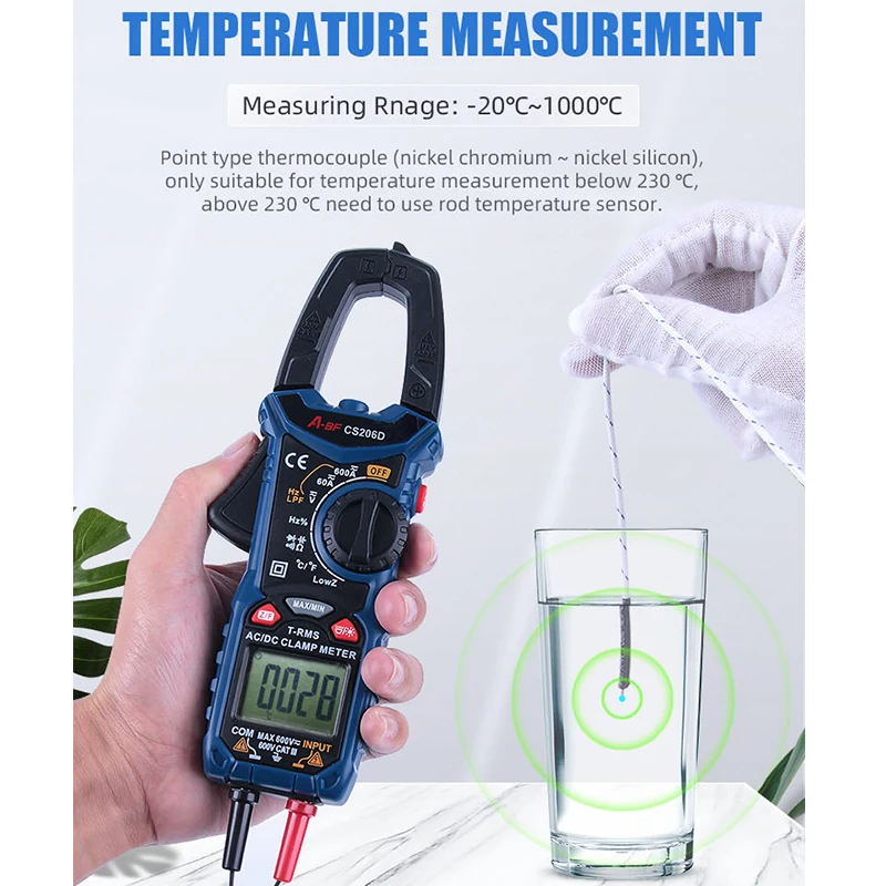 A-BF CS206B/CS206D Digital AC/DC Clamp Meter True RMS Auto Range MAX/MIN NCV Current Voltage Temp Capacitor Tester