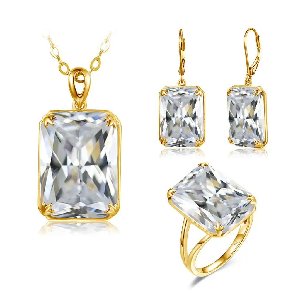 Szjinao 14K Gold Jewellery Sets For Women Sparkling Diamond Pendant Earrings Ring Set Rectangle Gemstone Real Silver 925 Jewelry