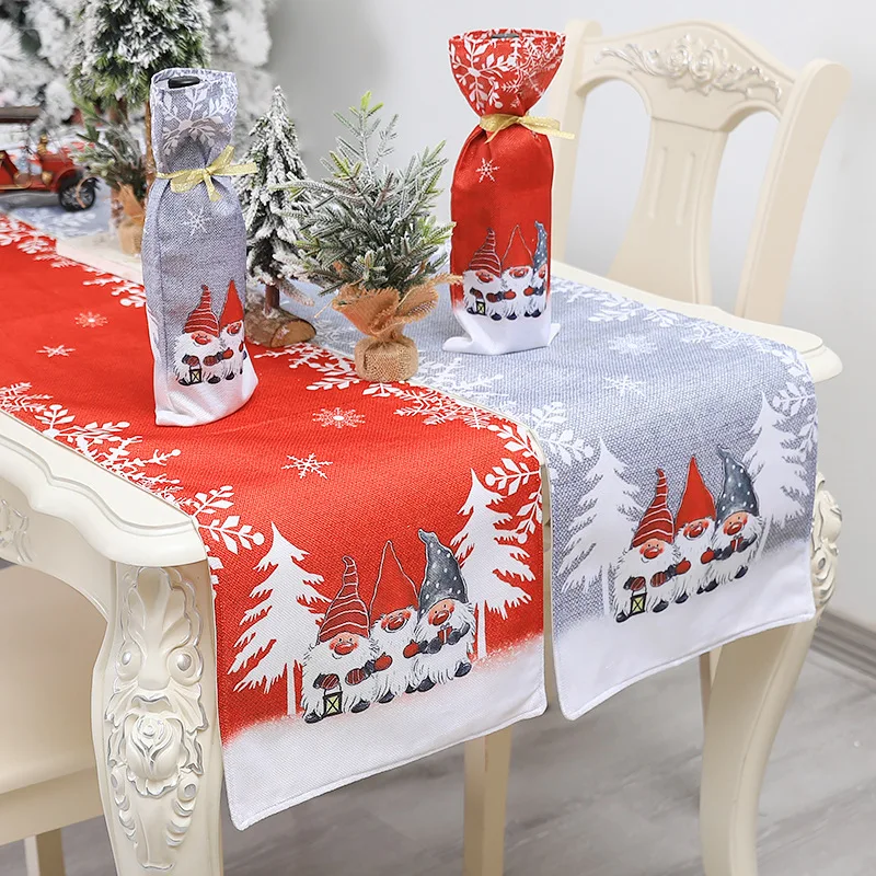 

Christmas Cartoon Table Runner Red Gray Santan Claus Elf Snowflake Print Merry Christmas Decor For Home Happy New Year 2022