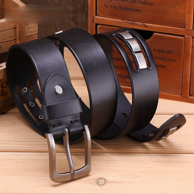 (Ta-weo) Unisex Genuine Leather Cowhide Belt, Pin Buckle Rivet leather belt Casual Fashion