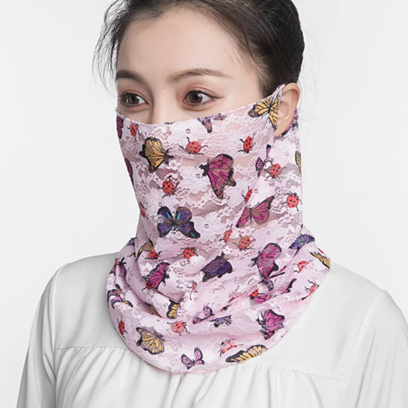 Korean Female Hollow Lace Butterfly Print Fake Collar Neck Guard Scarf Summer Sunscreen Sunshade Snood Thin Ice Silk Shawl P46