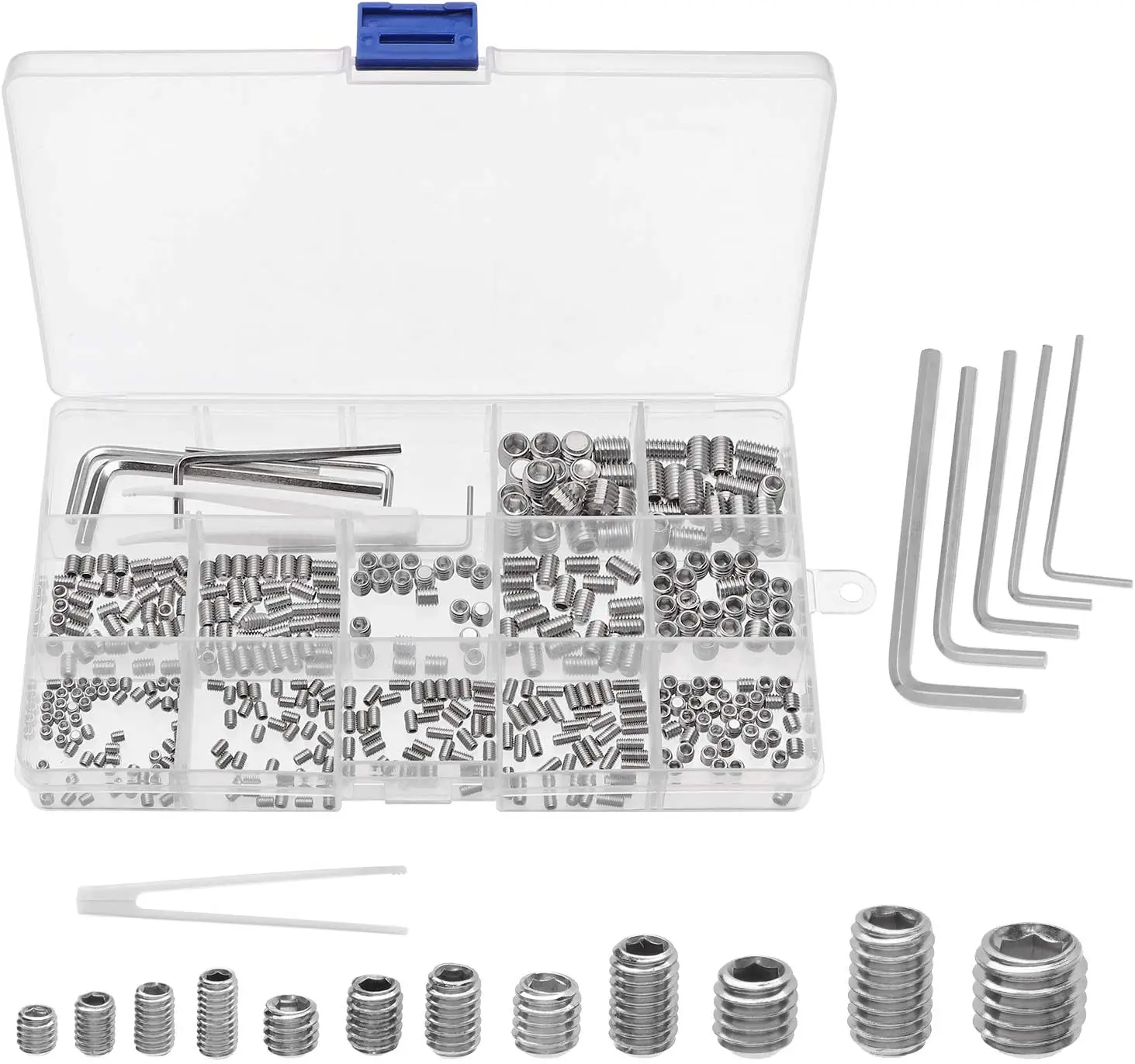 

Electrapick 400pcs Stainless Steel Flat End Hex Socket Headless Screws with 4 Allen Keys and Pliers