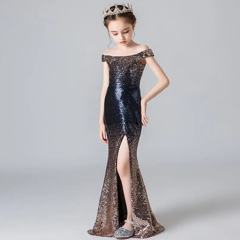 New Elegant Sequined Mermaid Long Gown Slim Sexy Slash Neck Color Fade Formal Kids Dress For Wedding Party Modis Vestidos Y2057