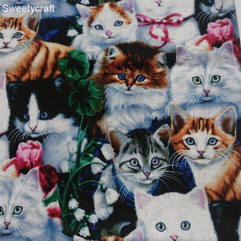 110X50cm Cartoon Bow Cat Printed Machine wash Fabric tissus telas Cotton Fabrics Tecido Crafts Handmade DIY Sewing Bag Cushions