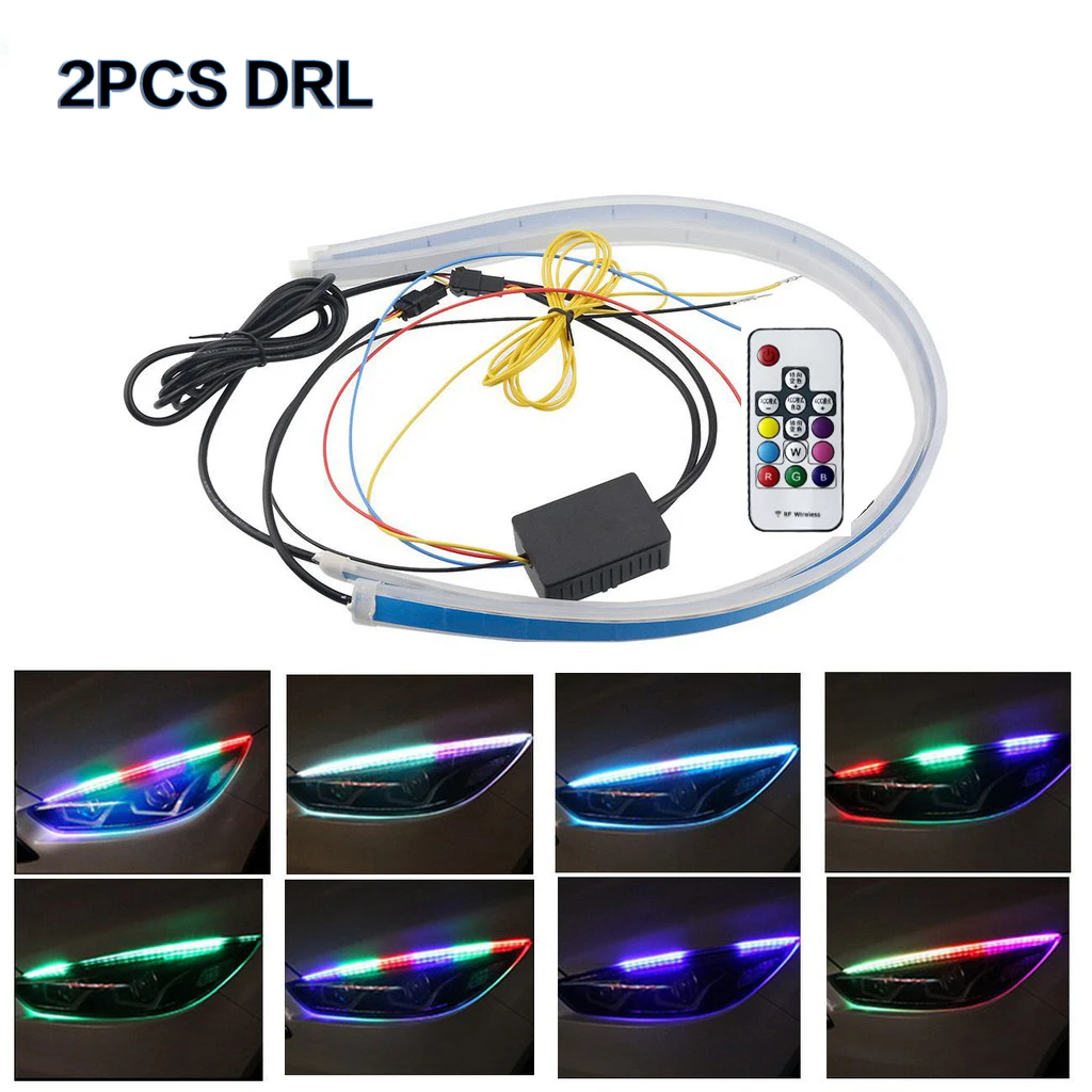 

2PCS Colorful DRL Flowing Light Strip Waterproof Headlight Fog Lamp Car Daytime Running Lights with Turn Signal Light Light Bar