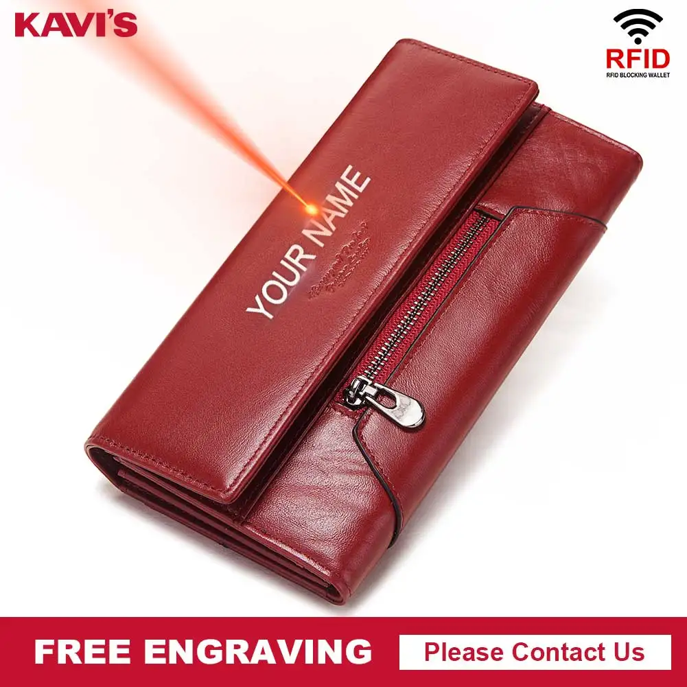 KAVIS Fashion Style Leather Women Wallet Long Handy Female Portomonee Clutch Money Bags Zipper Card Holder Girls Perse Engraving