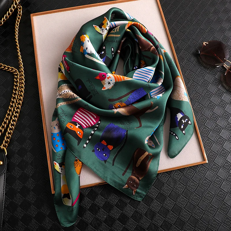 Luxury Brand 2024 New Fashion Summer Silk Square Scarf Women Cat Satin Neck Hair Tie Band Beach Hijab Head Female Foulard