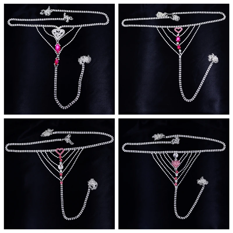 2021 New Fashion Sexy Body Chain Lingerie Pink Crystal Thong Jewelry for Women Bling Rhinestone Belly Waist Chain Body Jewelry