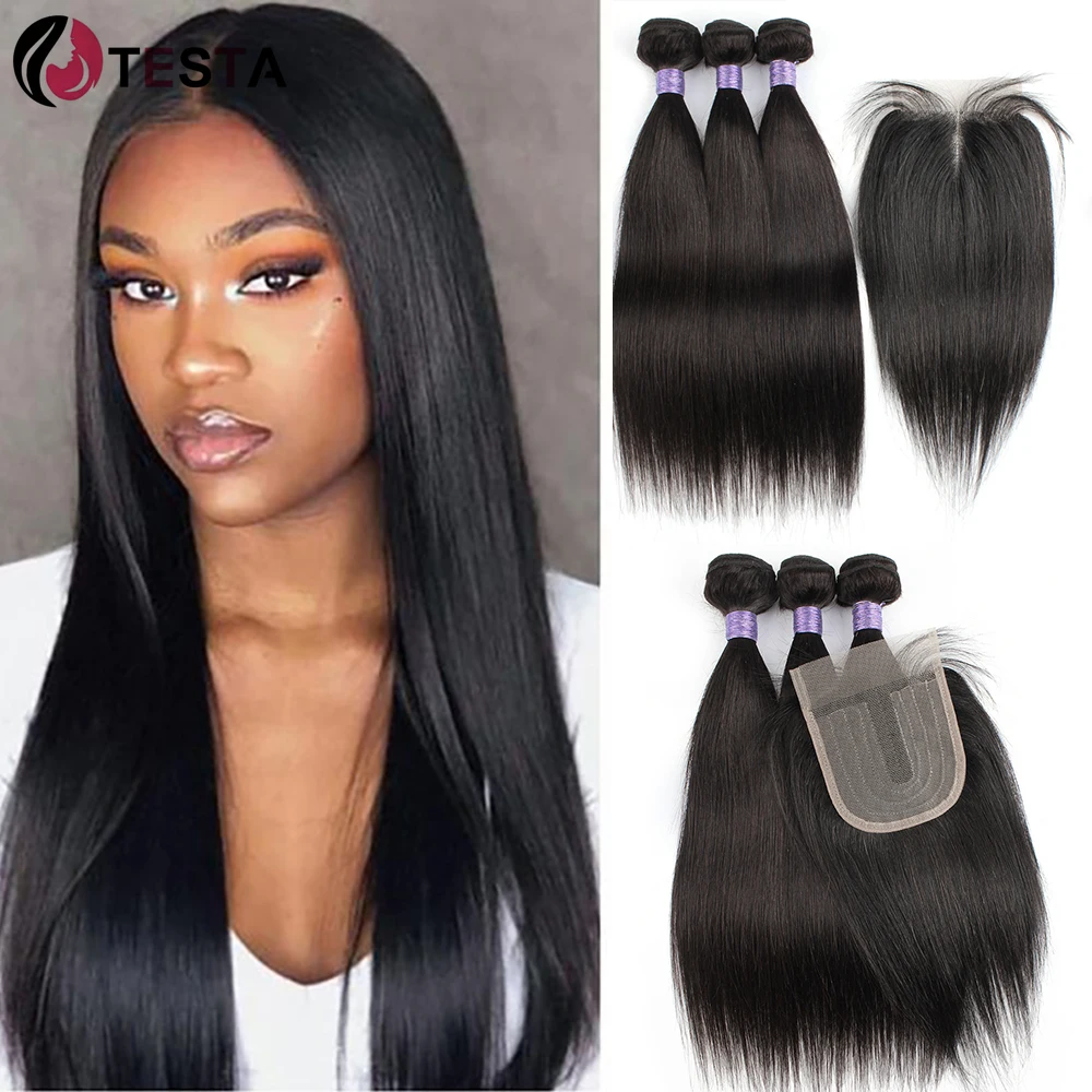 Bundel lurus dengan penutup 4x1 T bagian renda penutup warna alami 220g/set ekstensi rambut manusia Brasil Remy Hair Testa