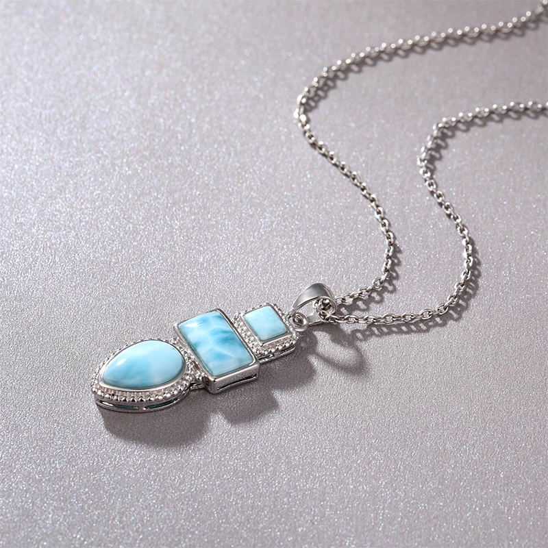 Concise Style Plated Gold 925 Sterling Silver Dominica Larimar Pendant Necklace Natural Precious Concise Jewelry Gifts for Woman