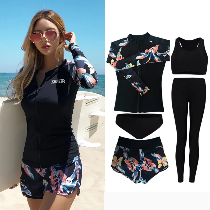 

Women Sports Wear Summer Swimsuit 5 Pieces Print Bathing Suit Laides Sexy Sports Beach Rashguards Maillot De Bain Femme 2021