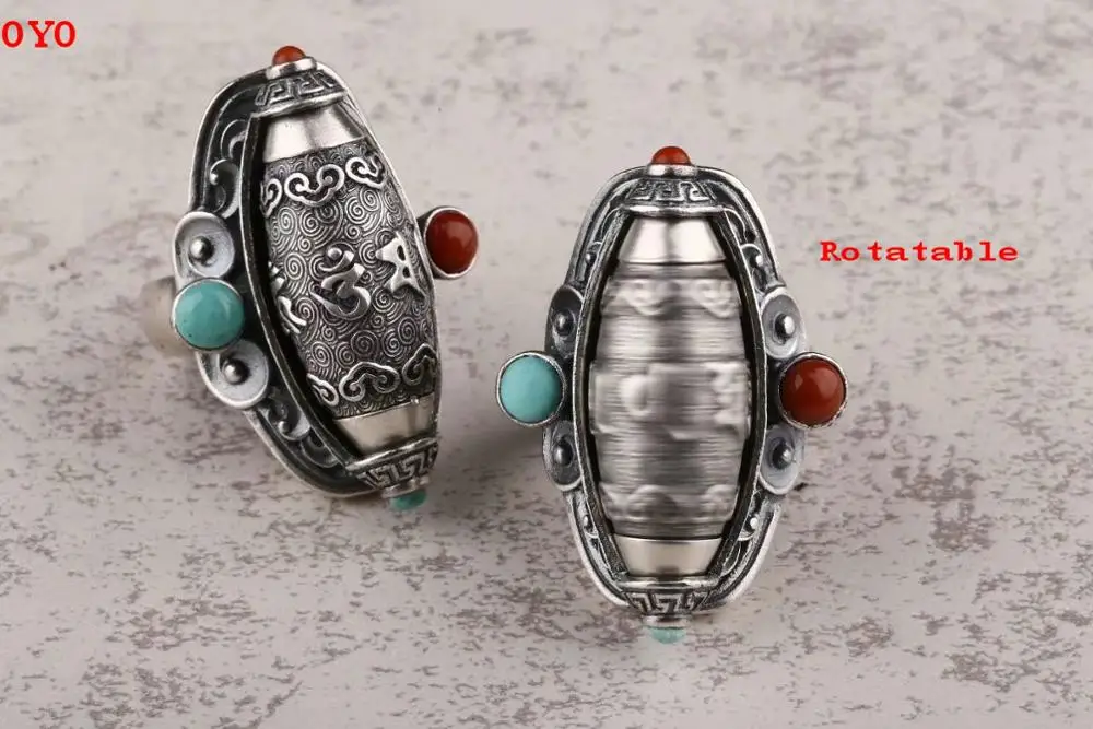 100%S925 Sterling Silver Ring Six-Word Mantra Dzi Bead Retro Silver Ring