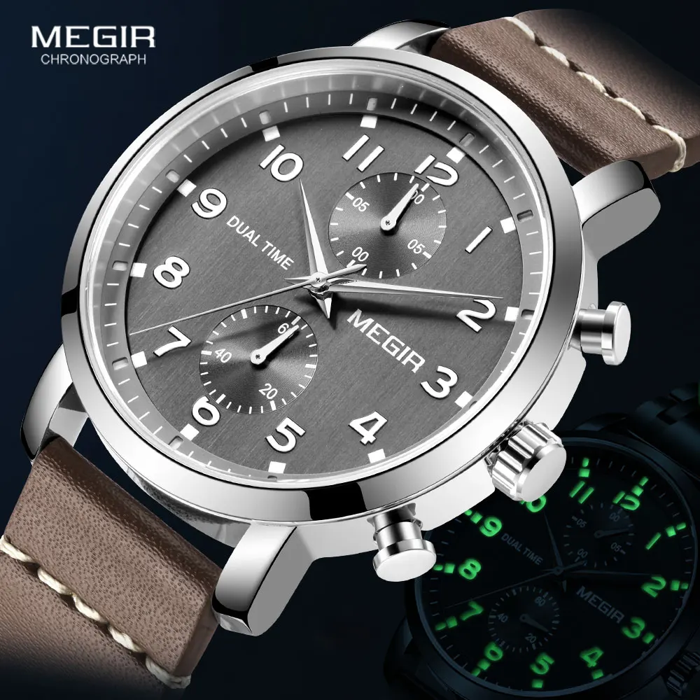 MEGIR Sport Watches for Men Leather Strap Grey Wrist Watch Man Waterproof Luxury Top Brand Chronograph Quartz Watch Relogio Часы