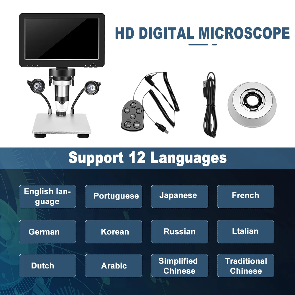 EU Stock Latest 12MP DM9 HD 7'' Screen 1200x Digital Microscope F4.5 Industrial Magnifier 1080P with 8 LED lights Multilanguages