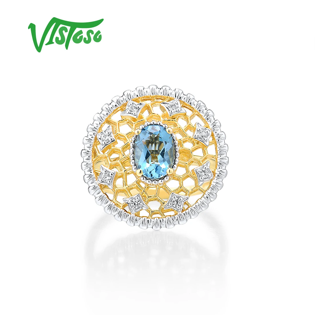 VISTOSO Pure 14K 585 Yellow Gold Ring For Women Blue Topaz Diamond Hollow Big Round Ring Wedding Engagement Gift Fine Jewelry