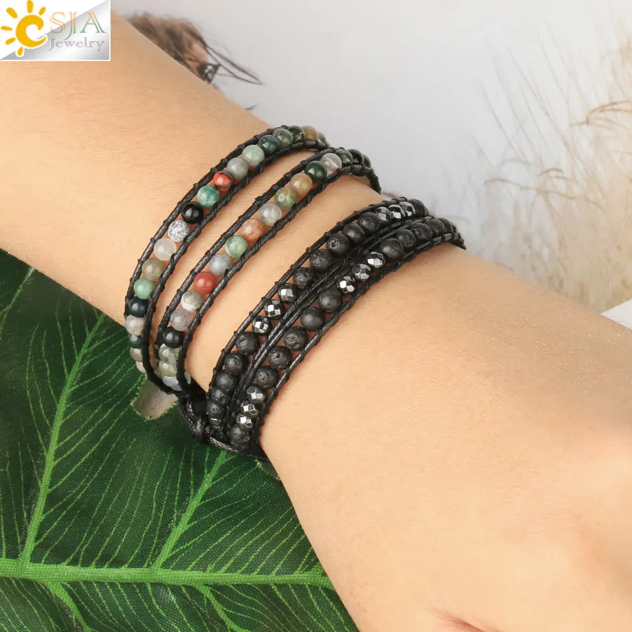 CSJA Multilayer Wrap Bracelets Natural Gem Stone Lava Onyx Beads 2 Strands Leather Bracelet Homme Boho Braided Jewelry S614