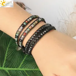 CSJA Multilayer Wrap Bracelets Natural Gem Stone Lava Onyx Beads 2 Strands Leather Bracelet Homme Boho Braided Jewelry S614