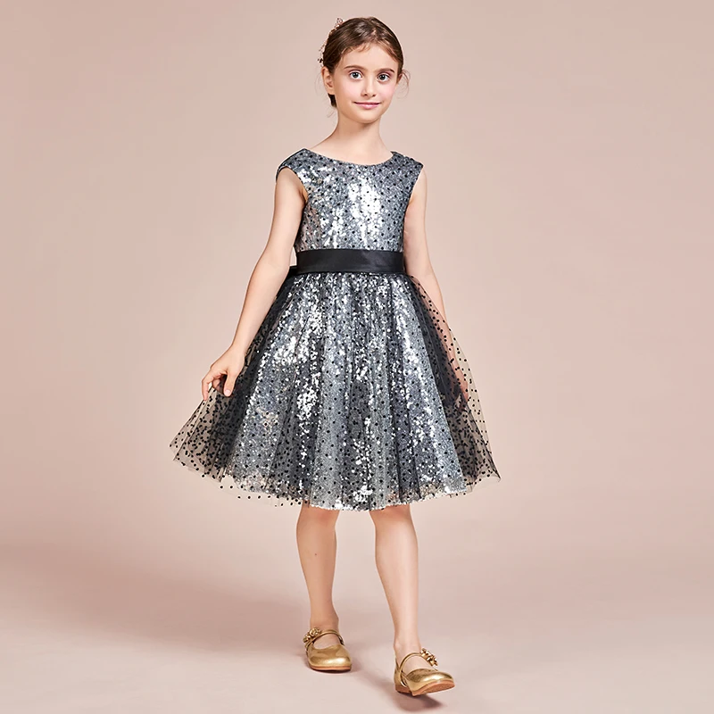 Sparkly Silver Grey Girls Evening Party Dress Short Flower Girl Dress Birthday Party Gown For Kids Junior Girls Bowtie Back