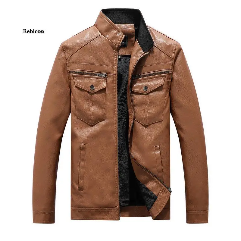 

Men's New Leather Clothing with Stand Collar Youth Casual Motorcycle Warm with Velvet Leather Jacket
