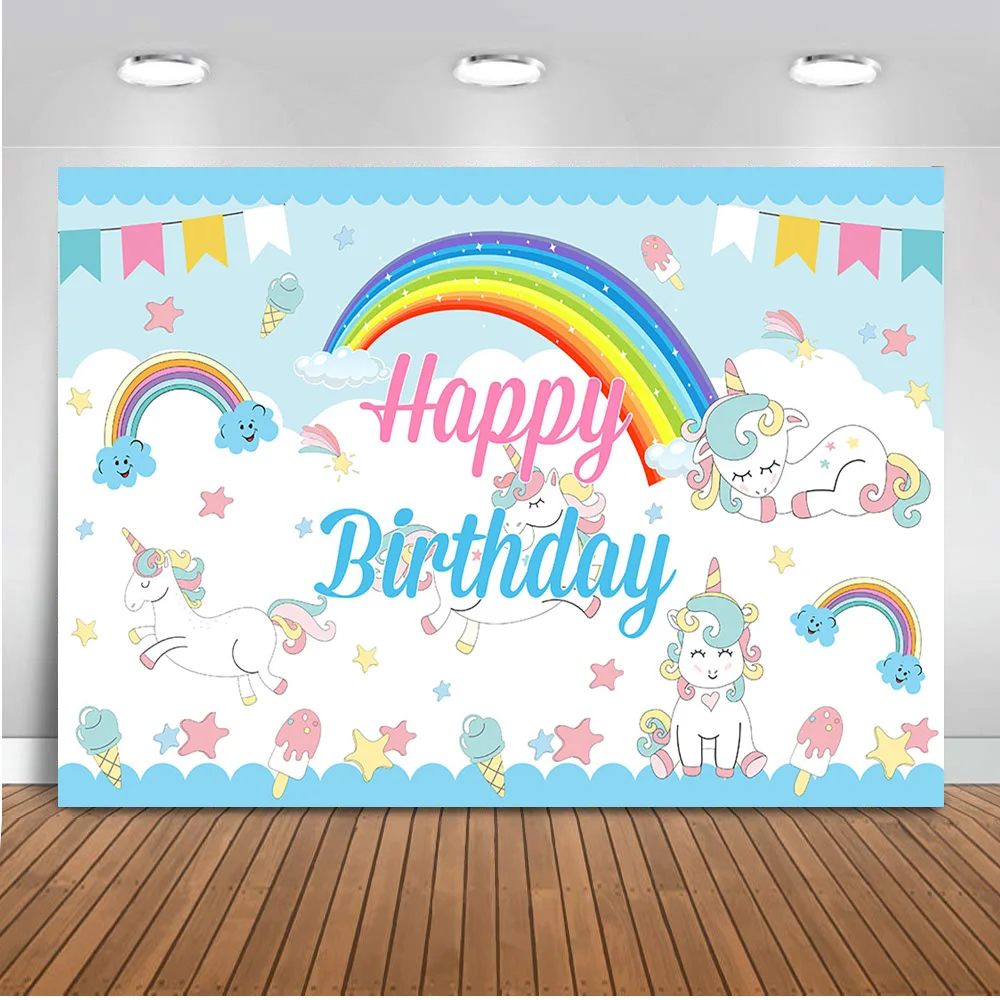 

Mocsicka Happy Birthday backdrop for photography newborn baby background for photo studio party decoration banner rainbow 535