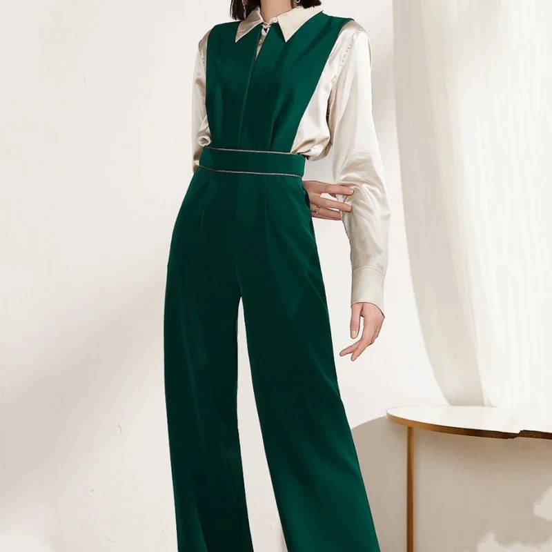 สีเขียว Vintage ยาว Jumpsuit ผู้หญิงสูงเอวผ้าไหม Spliced Office Lady Elegant Overalls ฤดูใบไม้ผลิขากว้าง Rompers