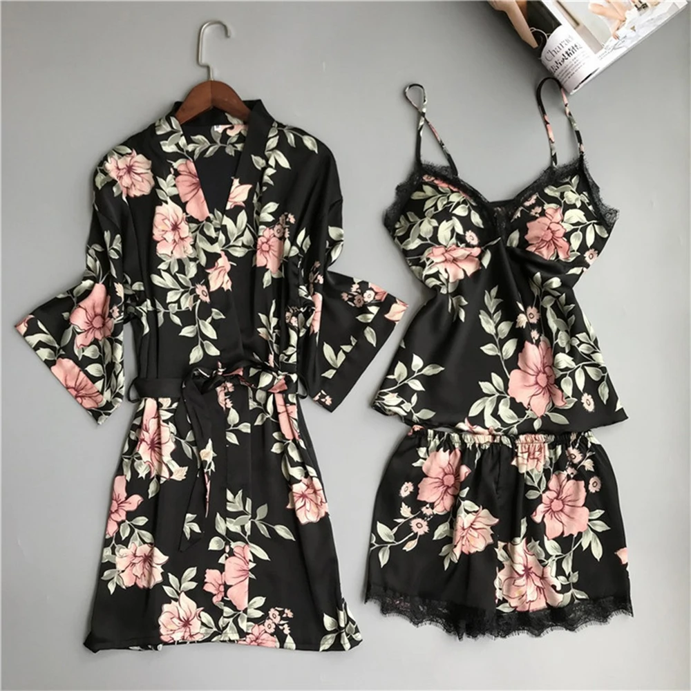 Sexy Women Pajama Set Print Lace Pijamas Kimono Bathrobe+Sleep Tops+Shorts Stain Casual Nightwear Sleepwear Mujer Plus Size