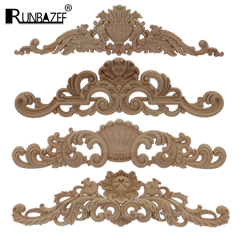 RUNBAZEF Onlay Wood Mouldings Wood Applique Decal Carved Unpainted Modern Long Large Leaves Flower Rubber Wood Corner Furniture