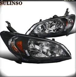 Sulinso 2PC Driver & Passenger Headlights Headlamps Set Replacement for 2004 2005 Honda Civic Black