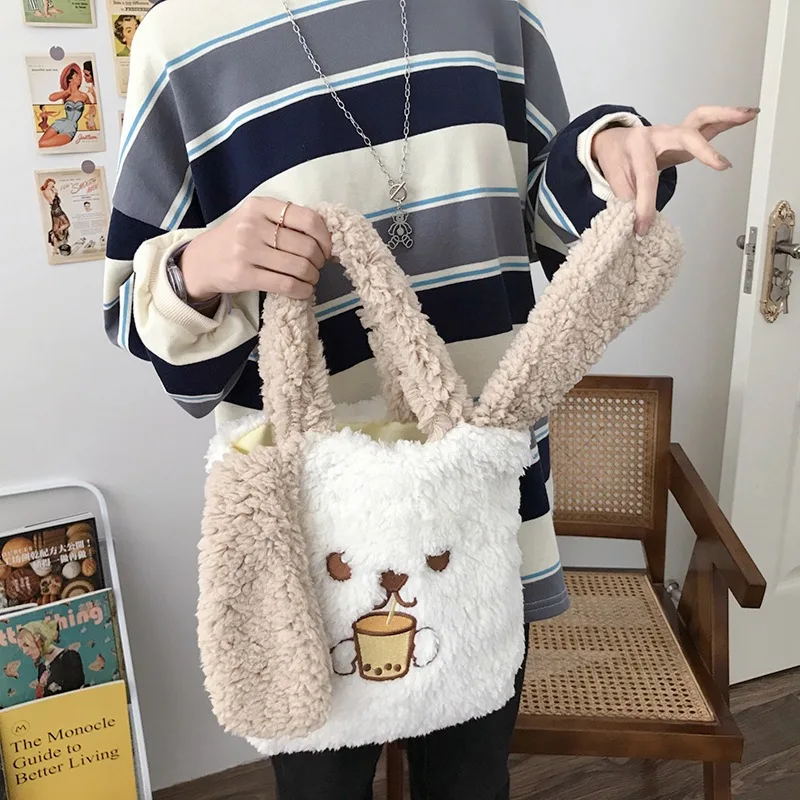 Lovely Winter Messenger Bag Soft Plush Cute Shoulder Bag for Women Long Ears Wool Ladies Handbags