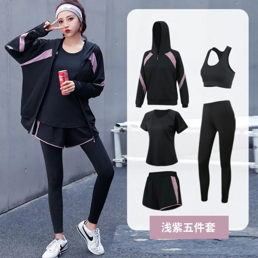 Outdoor Sports Running Suits Women Yoga Clothing Fitness Gym Set Coats+Bra+T Shirt+Shorts+Pants Plus Size Sportswear