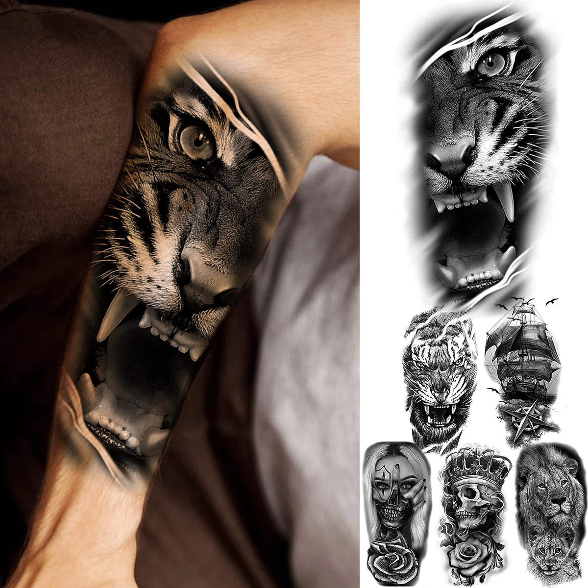 Black Tiger Forearm Temporary Tattoos For Men Adult Women Pirate Ship Skull Flower Lion Fake Tattoo Waterproof Half Sleeve Tatoo