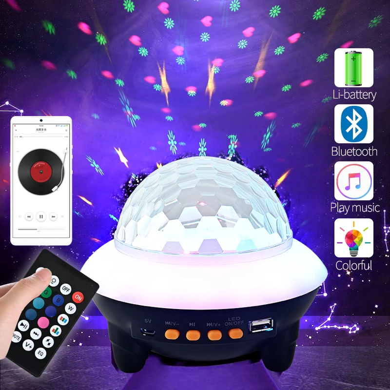 Bluetooth speaker night light Built-in battery rotating marquee colorful stage light SD card play music IR control holiday light