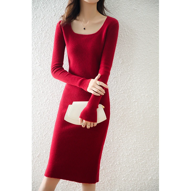 

Autumn Winter 100% Wool Thicken Straight Sweater Dress Warm Chic Basic Knit Pullover Women Slim Midi Dress Female Casual Dresses