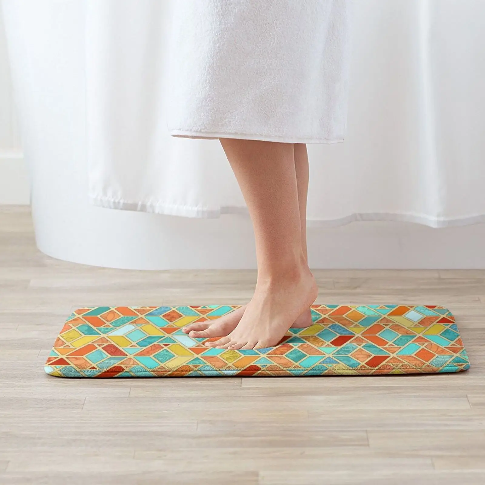 Tangerine & Turquoise Geometric Tile Pattern Entrance Door Mat Bath Mat Rug Robot Vector Future Ray Color Humor Anti-Slip